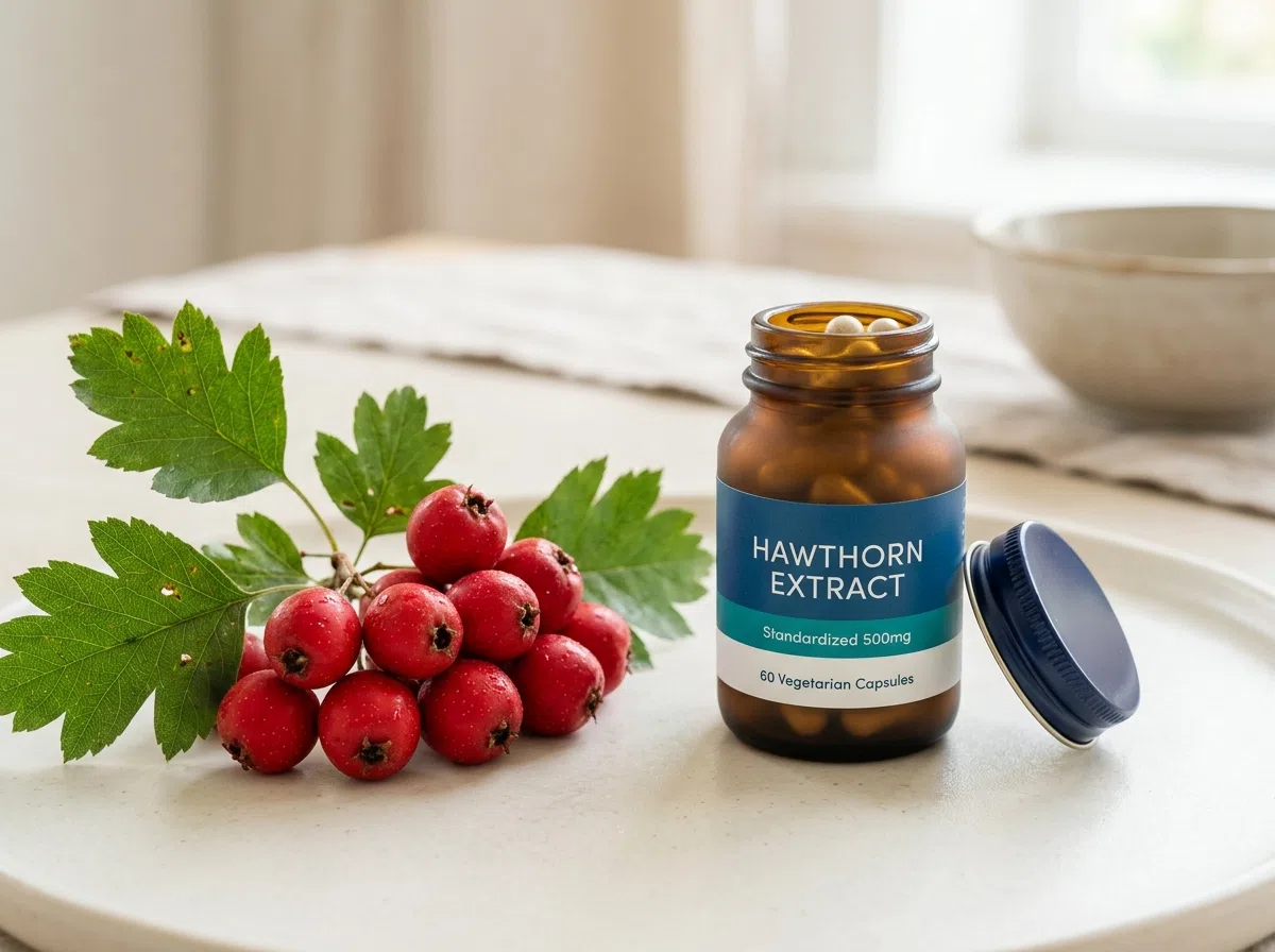 Fresh hawthorn berries and leaves beside a food supplement for people over 50